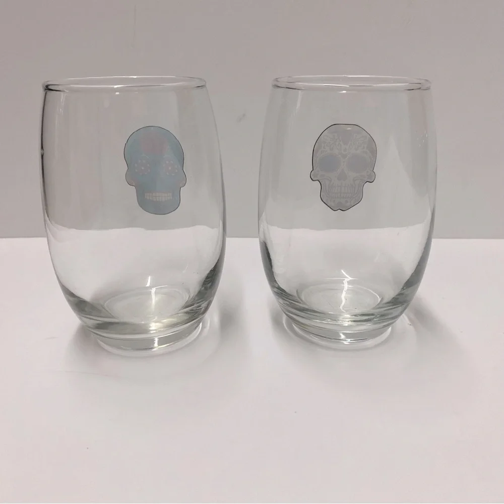 Day of the Dead Sugar Skull Stemless Wine Glasses and Plates Set NWT